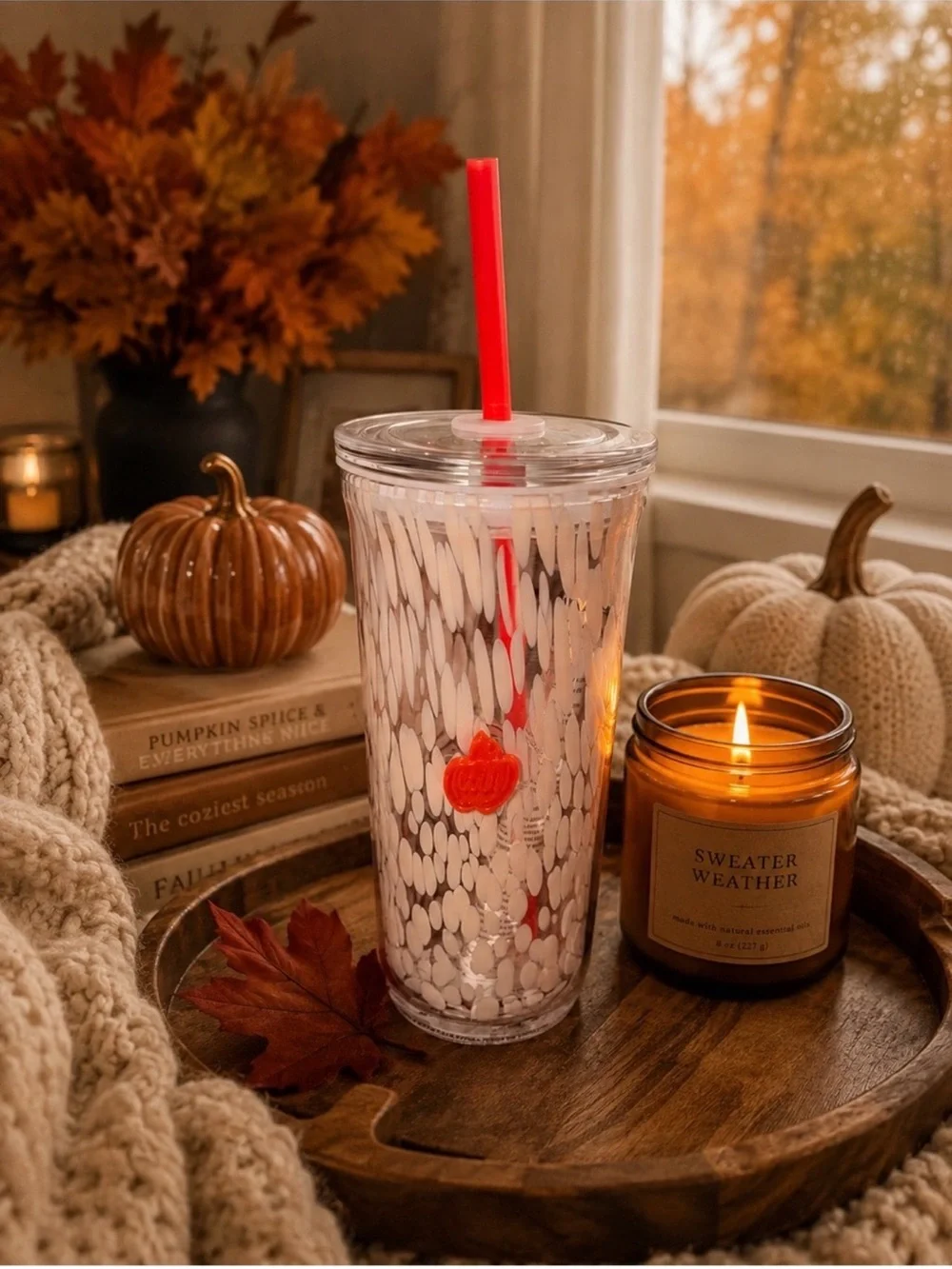 Starbucks White Patterned Tumbler with Red Straw Accent
